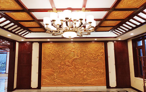 天涯中式别墅客厅中式木作横梁吊顶装饰展示